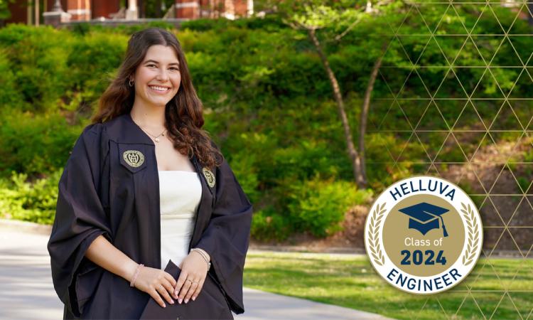 Bethanie Penna in graduation regalia with a "Helluva Engineer - Class of 2024" graphic overlay